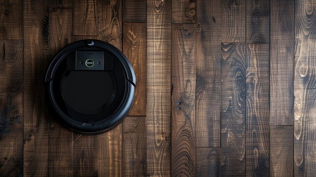 Black robot vacuum cleaner with open cover on laminate wood floor from above with space for text