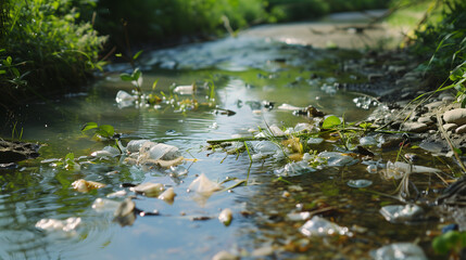 Naklejka premium A lot of trash at a river bank. Water pollution background for a presentation or an advertisement.