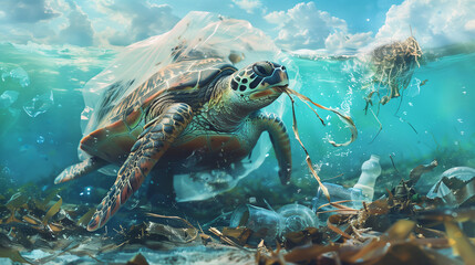 Obraz premium A turtle trapped inside a plastic bag in an ocean with a lot of trash. Water pollution background for a presentation or an advertisement.