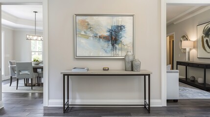 Suburban foyer featuring a stylish console table and artwork. The foyer opens to a chic dining room on the left and a comfortable living room on the right.