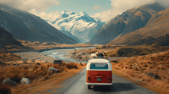 Vintage Camper Driving Through New Zealand Mountains with Luggage