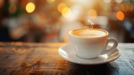 Obraz premium Espresso cup on cafe table blurred background