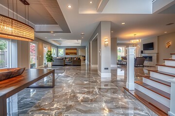 Suburban foyer with elegant marble floors, leading to a dining room with a long wooden table and modern pendant lighting, and a spacious living room with comfortable seating and a media center.