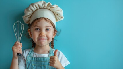 Fototapeta premium Cute little chef holding an egg beater Thumbs up on pastel blue background