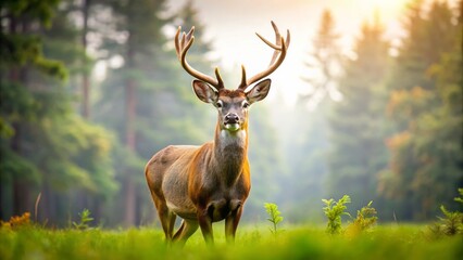 Magnificent buck deer with impressive antlers stands alone in a lush green forest, isolated on a clean white background with precise clipping path.