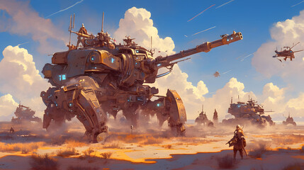 Sci-Fi Desert Landscape with Giant Walking Machine