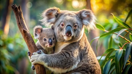 A serene australian eucalyptus forest backdrop features a loving koala mother snugly carrying her adorable baby on her back, showcasing tender parental love.