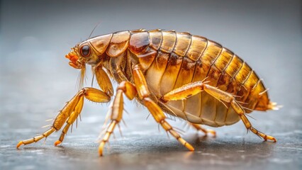 A macro shot of a solitary fleabite-ridden dog flea, pulex irritans, on a neutral background, showcasing its distinctive flat body and lengthy hind legs.