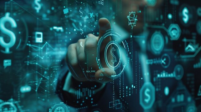 Online Banking Digital Investment Money - Man Finger On Virtual Touch Screen with Central Bank and Currency Dollar Euro Yen Ruble Tech Virtual Billfold Business Transaction Software Payment Pay
