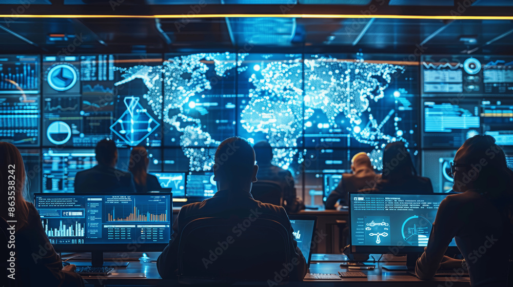 Poster cybersecurity operations and incident response team coordinating during cyber attack with advanced t