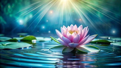 Serenely majestic magic glowing lotus flower blooms amidst rippling cold blue-green water background surrounded by lotus leaves, perfect for zen, massage, and cosmetic product themes.