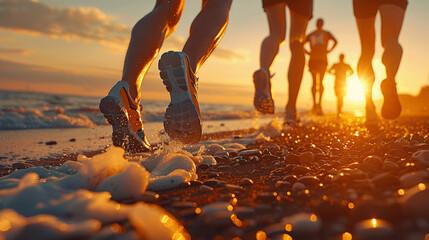 close up feet group running on beach during sunset low angle view sportswear sneakers outdoor training sunlight shadows over pebbles race banner athletic team event real photo style sunrise trail