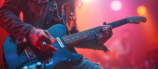Obraz premium close up of guitarist on stage concert background, soft focus and blurred concept