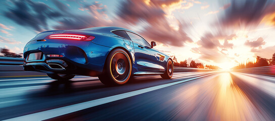 Blue car speeding on highway with motion blur, luxury sports vehicle in sunset low angle shot showing side wheels, fast car driving in action, high-speed transportation, dynamic auto on road