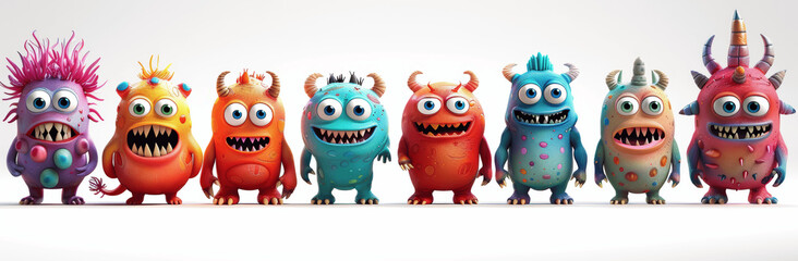 Fototapeta premium 3D Cute Funny Monster Characters Collection - 20 Happy and Scary Cartoon Style Monsters with Big Eyes and Vibrant Colors