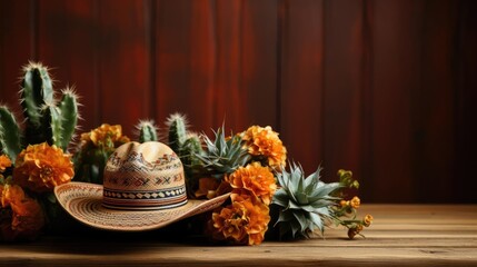 Cinco de Mayo background with hat ornaments and cactus plants for banners or posters