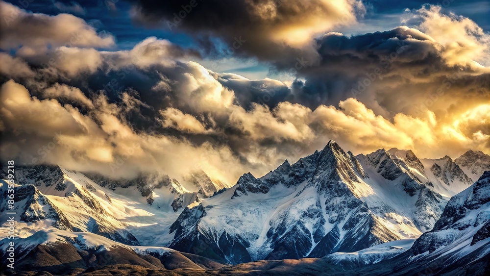 Wall mural Snow-covered mountains with dramatic clouds in the sky, snow, mountains, clouds, winter, cold, landscape, nature, scenic - Wall murals