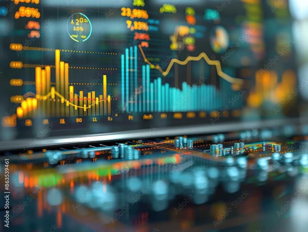 Poster close-up of a digital stock market graph display, illustrating financial data analysis and investmen