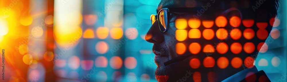 Poster profile of a man with glasses looking at data visualizations and graphs in a vibrant, futuristic set
