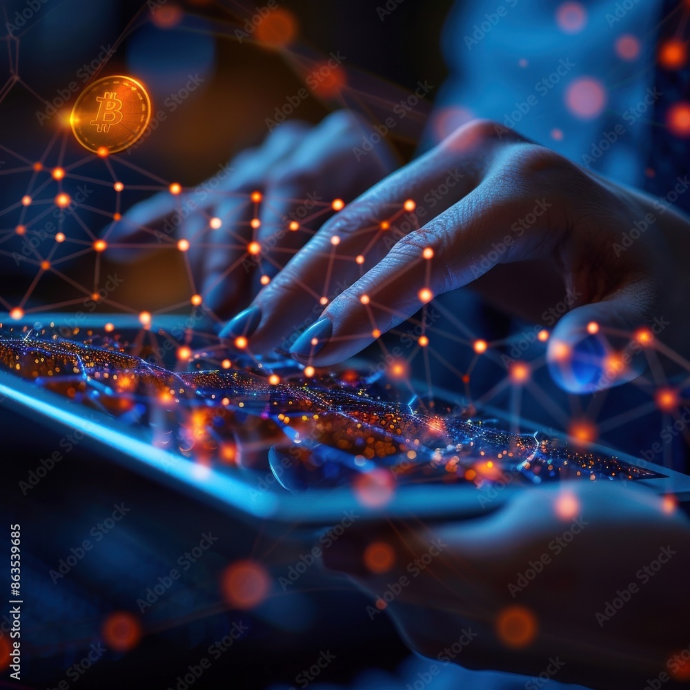 Poster person typing on a futuristic tablet surrounded by glowing digital networks and holographic data par