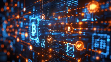 Obraz premium Futuristic digital blockchain network with Bitcoin symbols, highlighting cryptocurrency transactions and decentralized systems in vibrant colors.