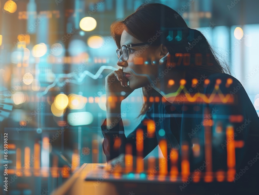 Poster woman in glasses analyzing data on a computer screen with overlaid charts and graphs, representing f