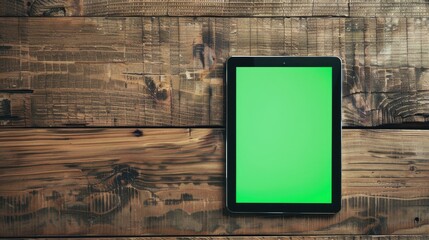 Green screen tablet on vintage wooden surface from above