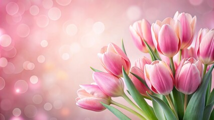Fototapeta premium Delicate pink tulips bloom against a soft pastel pink background, creating a romantic and feminine design perfect for wedding, women's day, or mother's day greeting cards and invitations.