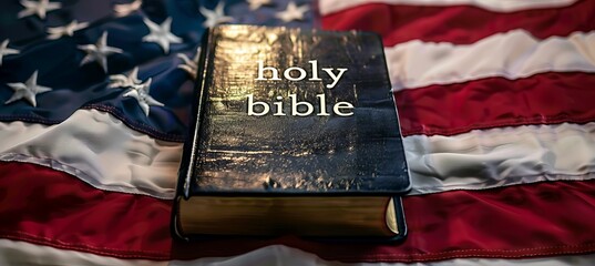 Closed black bible over the America flag. Christianity religion faith. 4th of July or America independence day. Generative AI technology.	
