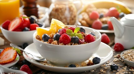 Nutritious Morning Delight Vibrant Breakfast Spread with Fresh Fruit and Oatmeal Ideal for HealthConscious Individuals Seeking a Wholesome Start to Their Day