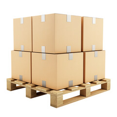 cardboard boxes on a wooden pallet isolated on transparent white background, clipping path