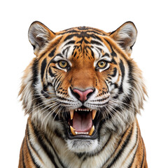Fototapeta premium Portrait of tiger roaring facing front isolated on transparent background