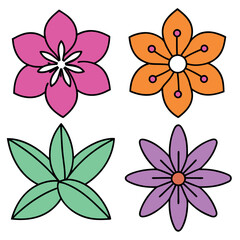Hand drawn simple Floral flowers line art flat design outline, ornaments set, vector Doodles illustration