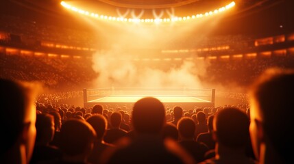 A crowd anticipates a wrestling match in a large indoor arena.