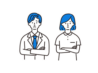 腕組みをする医療従事者の男女