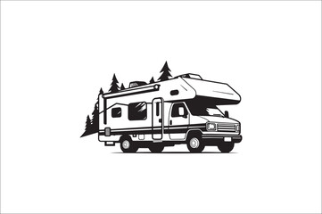 Camping car silhouette on a white background. Camper car silhouette illustration. Summer Car Silhouette.