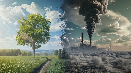 Green meadow turning into industrial wasteland showing pollution impact