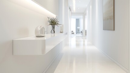 White minimalist console table in a sleek hallway, contemporary decor, elegant design, stylish home, modern interior, functional space, chic elements, bright atmosphere.