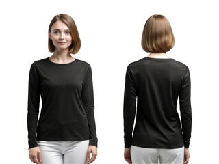Front and black view of beautiful woman wearing blank long sleeve black t-shirt and white pants, isolated on transparent background