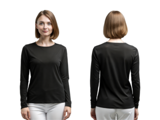 Front and black view of beautiful woman wearing blank long sleeve black t-shirt and white pants, isolated on transparent background
