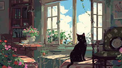 cat on the roof of the house, in the woods, in the garden, in the kitchen