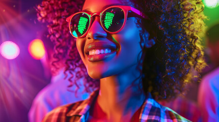 Afro american girl in a night club wearing sunglasses, young woman in a nightclub
