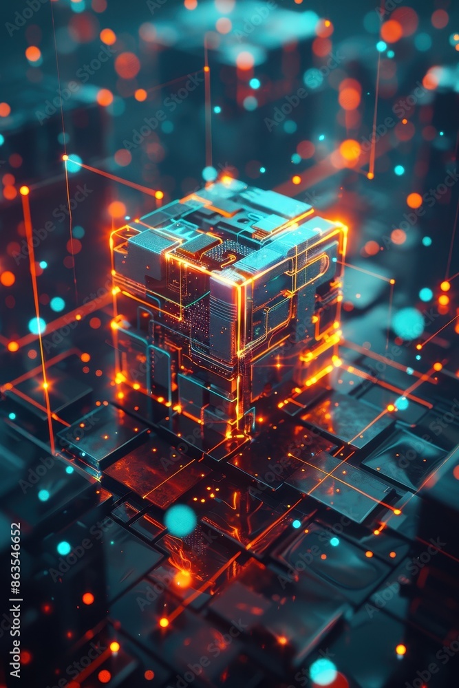 Poster futuristic digital cube with glowing circuits