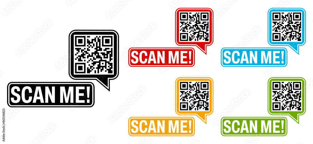 Poster set collections trendy colorful scan me qr code icon sign. inscription barcode labels template desig