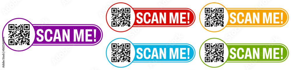 Poster set collections trendy colorful scan me qr code icon sign. inscription barcode labels template desig