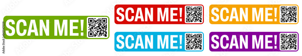 Poster set collections trendy colorful scan me qr code icon sign. inscription barcode labels template desig
