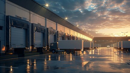 Obraz premium Dawn of Distribution Workers loading goods onto delivery trucks at logistics center