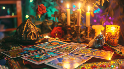 Tarot cards lie face down on a luxurious table. Generative AI illustration 