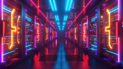 Obraz premium Futuristic server room with colorful neon lights 