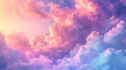 Fototapeta premium Clouds dominate the sky, depicted in a neon color palette, blending the everyday and the extraordinary.